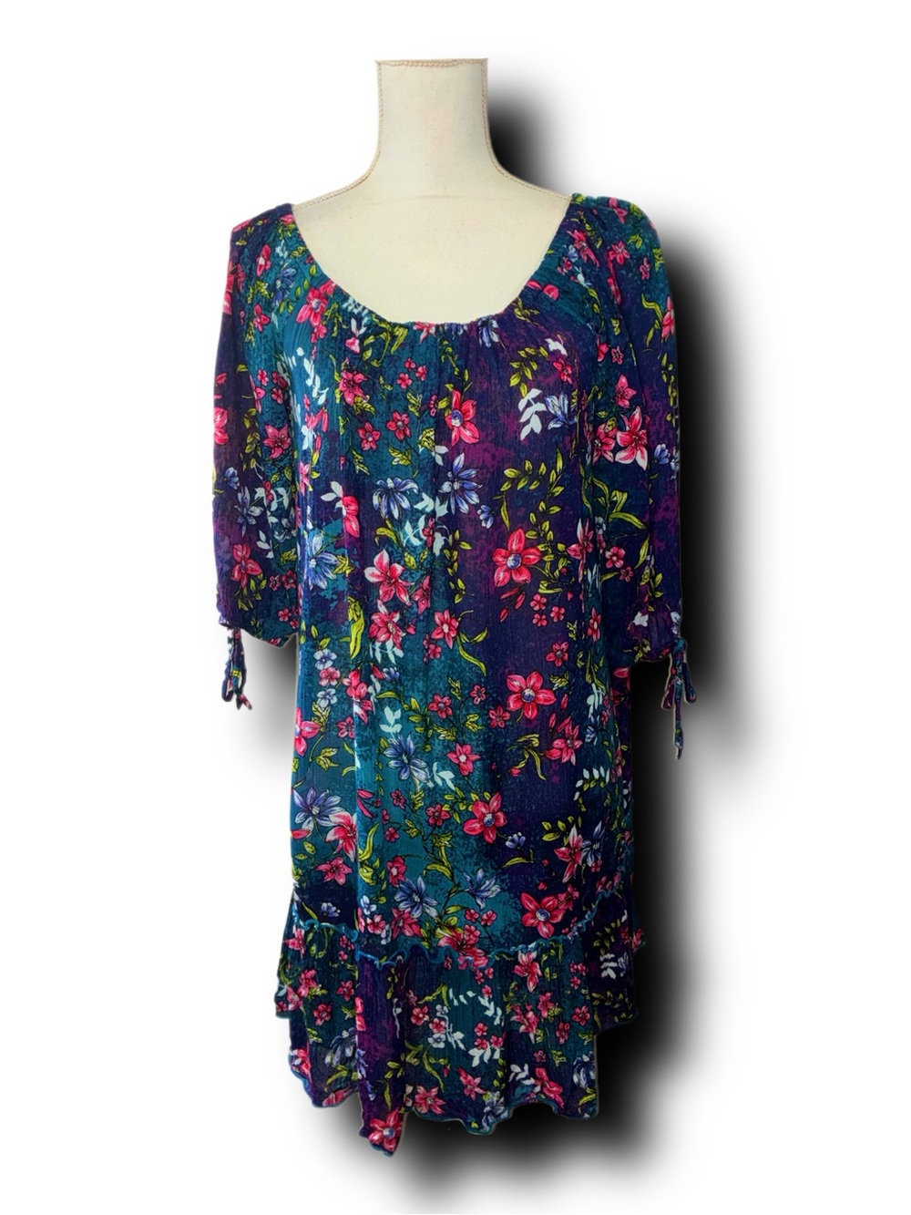 Millenium Vibrant Jewel Toned Floral Tunic Dress Boho Hippie Retro Vibes